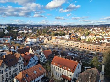 High angle view of townscape against sky