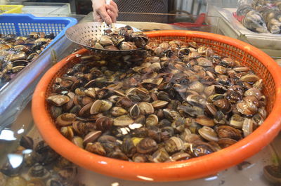 High angle view of person preparing food in market