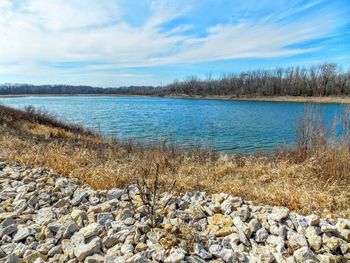 Scenic view of lake against cloudy sky