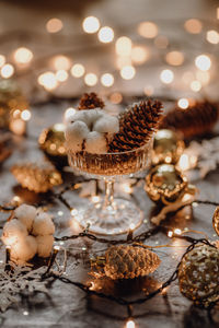 Merry christmas cottage core, vintage preparations - ornaments, cinnamon, christmas tree lights