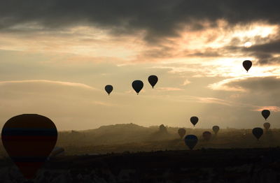 Hot air balloons silhouettes at sunrise. goreme. cappadocia. turkey