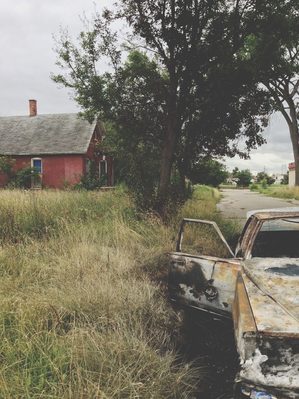 abandoned, built structure, building exterior, architecture, obsolete, tree, damaged, house, old, grass, deterioration, run-down, wood - material, transportation, sky, field, day, weathered, no people, mode of transport