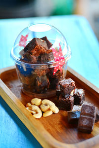 High angle view of dessert in tray on table