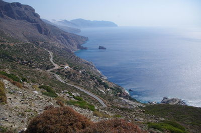 Scenic view of sea and mountains against clear sky