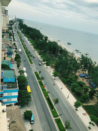 High angle view of city street by sea