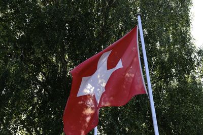 Low angle view of flag against trees