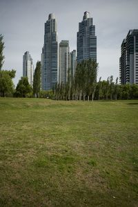 Trees growing on field by buildings against sky