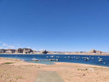 Scenic view of sea against clear blue sky