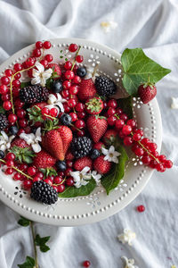 High angle view of strawberries on table