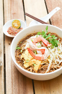 High angle view of food in bowl on table