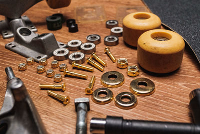 High angle view of coins on table