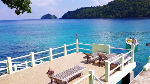 High angle view of steps in front of sea