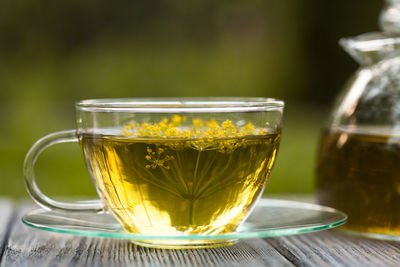 Close-up of tea in glass on table