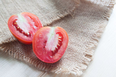 High angle view of strawberries on table