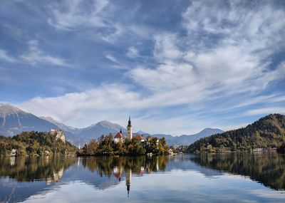 Scenic view of lake and mountains against sky