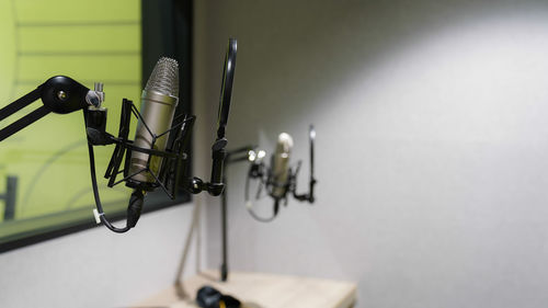 Close-up of microphone at recording studio