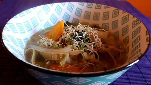 High angle view of soup in bowl on table