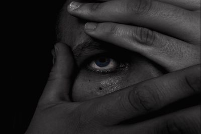 Close-up of human hands and eye