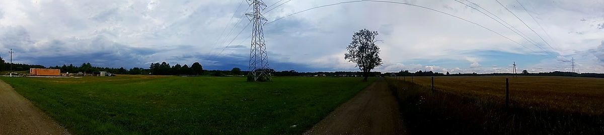 Panoramic view of agricultural field against sky