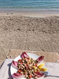 High angle view of food on beach