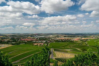 High angle view of agricultural field against sky