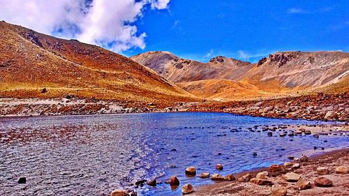 Scenic view of lake against cloudy sky