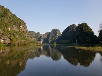 Scenic view of lake and mountains against clear sky