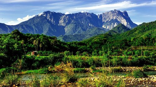 Scenic view of landscape and mountains against sky