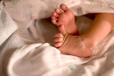 Low section of baby feet on bed