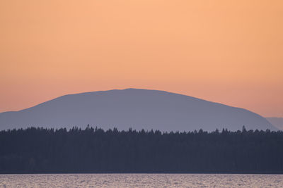 Scenic view of silhouette mountains against clear sky during sunset