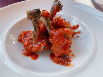 High angle view of serving food in plate
