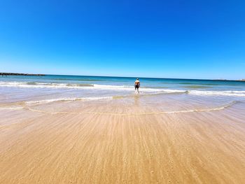 Rear view of man on beach against clear blue sky
