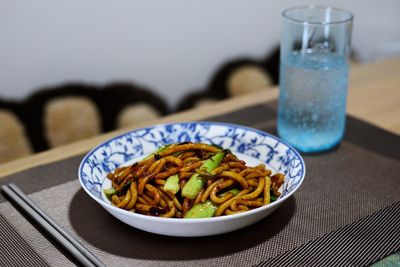 Close-up of food served on table