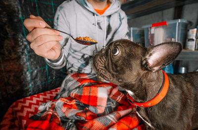 Person and french bulldog dog eating in underground emergency shelter