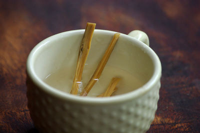 High angle view of tea in bowl on table