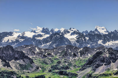 Scenic view of snowcapped mountains against clear blue sky