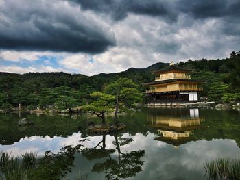 Scenic view of lake against cloudy sky