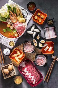 High angle view of various food on table