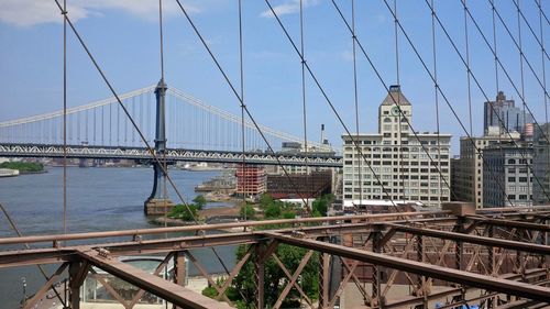 Low angle view of suspension bridge against sky