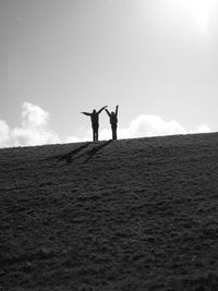 Friends with arms raised standing on mountain against sky