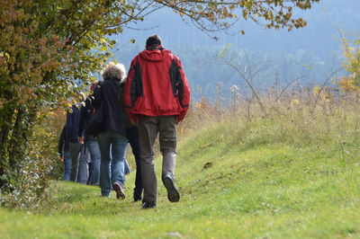 Rear view of friends walking on grassland