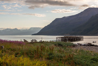 Wooden jetty on the shore of a lake with mountains in the background