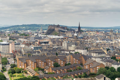 High angle shot of townscape against sky