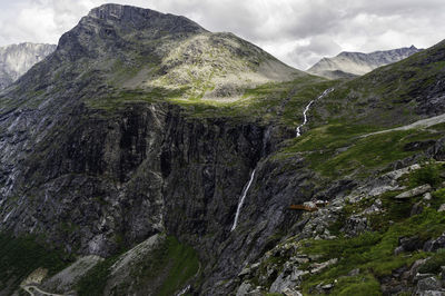 View towards the lookout point and surrounding mountains at trollstigen in norway.