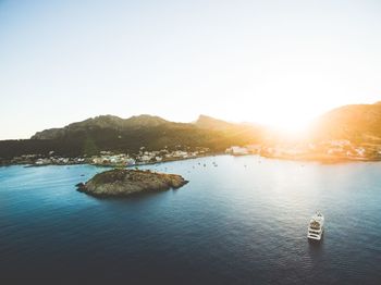 High angle view of distant cruise ship on sea