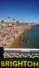 High angle view of people on beach against clear sky