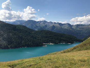 Scenic view of lake and mountains against sky