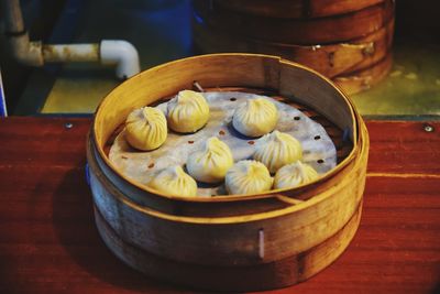 High angle view of noodles in bowl on table