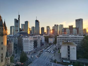 Frankfurt skyline with setting sun photographed from a skyscraper