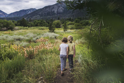 Rear view of sisters walking on field against mountains in forest